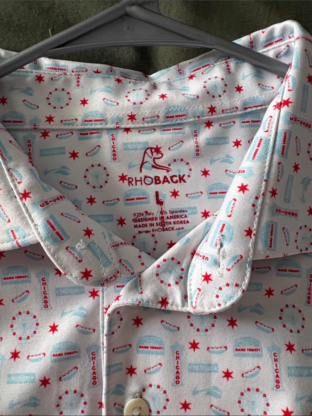 Rhoback White Short-Sleeve Button-Down with Red & Light Blue Chicago Print